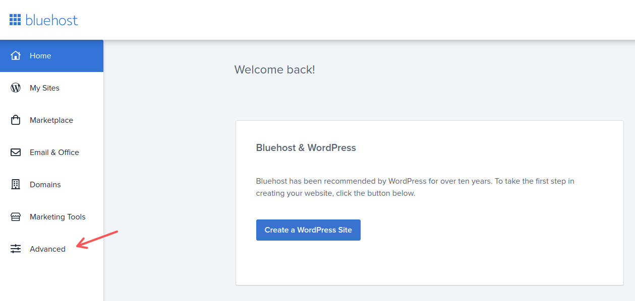 Zakładka Advanced w Bluehost, w której znajdują się wszystkie niezbędne funkcje do konfiguracji hostingu