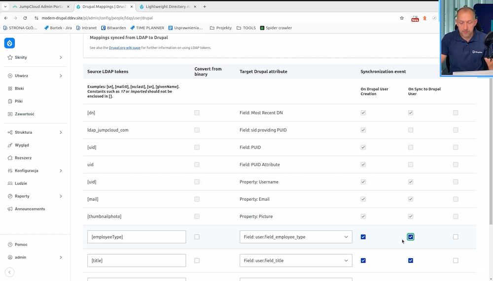 Konfiguracja zdarzeń synchronizacji w Drupalu z użyciem tokenów LDAP.