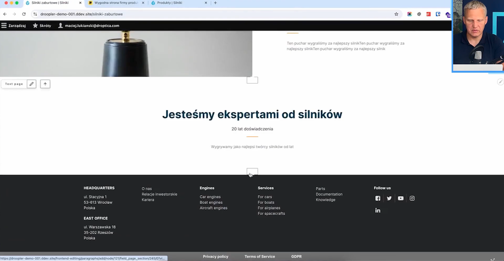 Przykład dodania dowolnej treści na stronę internetową dla branży produkcyjnej z użyciem Drooplera.