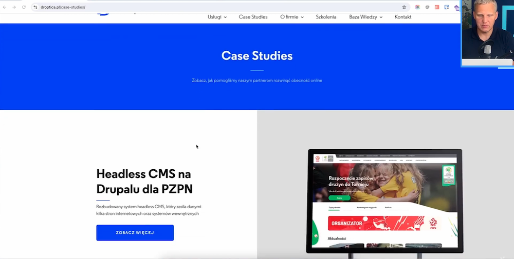 Fragment strony internetowej firmy Droptica, na której prezentowane są case studies z przykładami projektów.