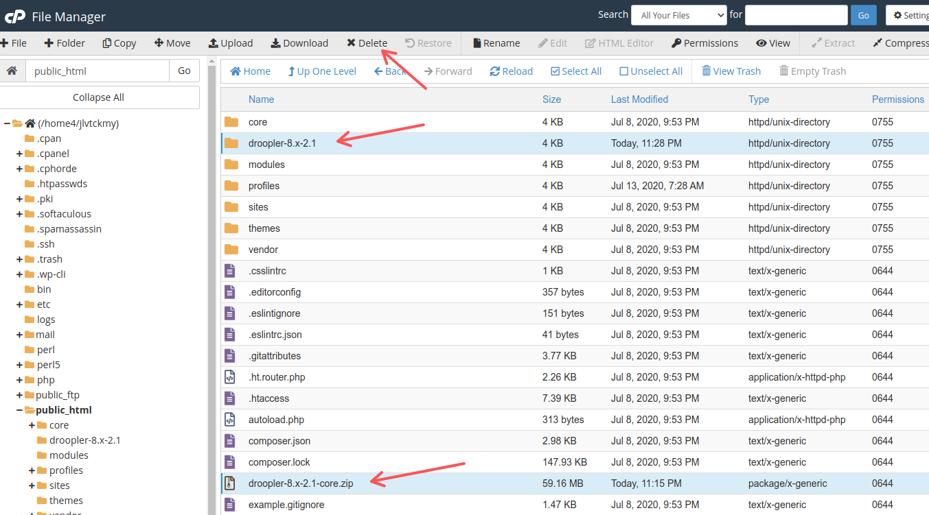Usuwanie archiwum .zip i katalogu Droopler z katalogu public_html