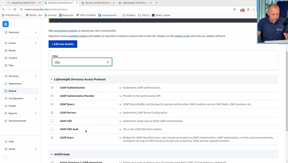 Lista modułów w Drupalu związanych z LDAP, takich jak LDAP Authentication, LDAP SSO czy LDAP Users. 