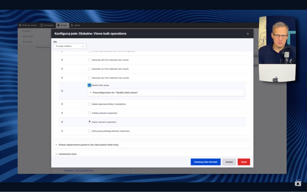 Konfiguracja akcji masowych dla produktów na stronie firmy produkcyjnej na Drupalu z Views Bulk Operations.