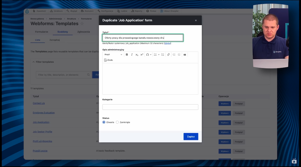 Ekran z widokiem tworzenia nowego formularza rekrutacyjnego w Drupalu z użyciem gotowego szablonu. 