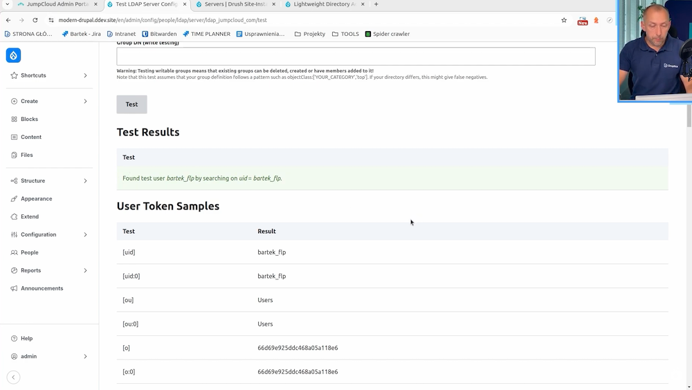 Wyniki testu konfiguracji serwera LDAP w Drupalu - lista tokenów w systemie.