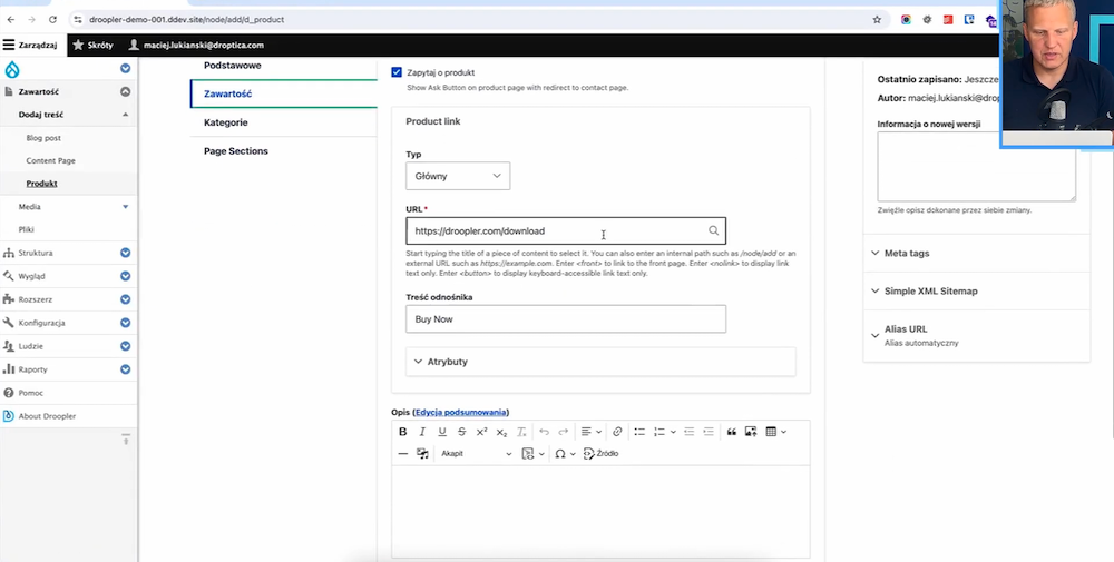 Proces dodawania nowej karty produktu na Drupalu z użyciem dystrybucji Droopler.