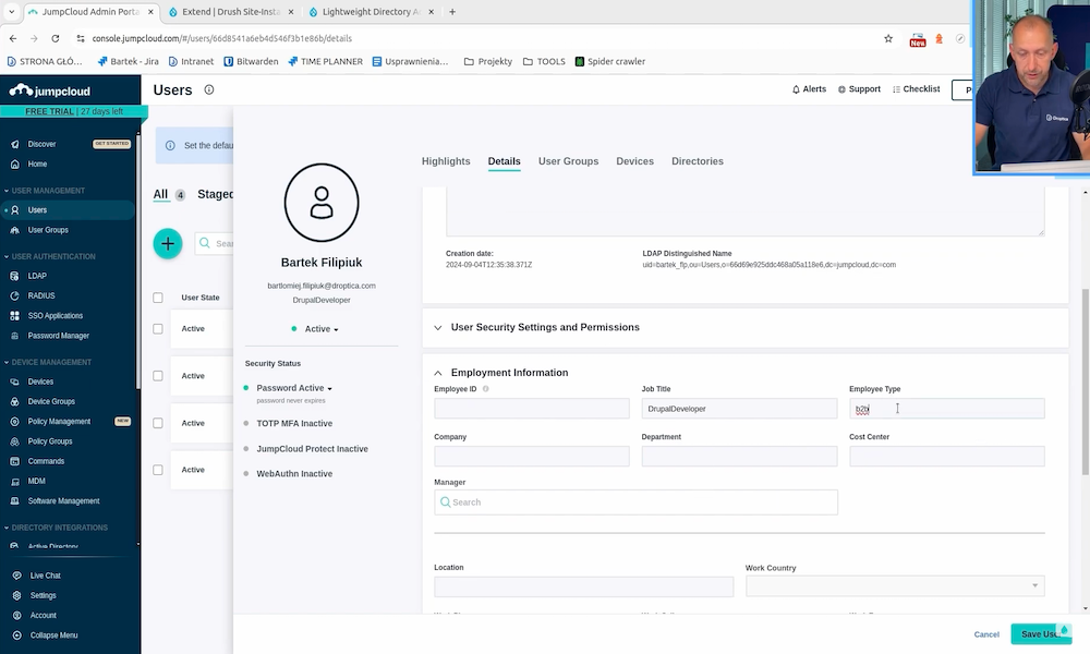 Sprawdzanie dodatkowych pól w panelu serwera JumpCloud w katalogu LDAP do zmapowania w Drupalu.