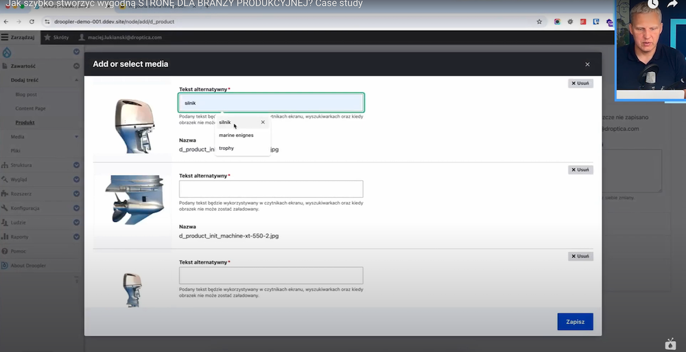 Dodawanie grafiki i tekstu alternatywnego podczas tworzenia karty produktu na Drupalu z użyciem Drooplera.