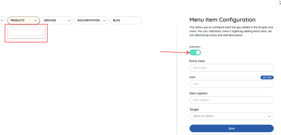 Aktywowanie Submenu w panelu konfiguracyjnym mega menu w Drupalu