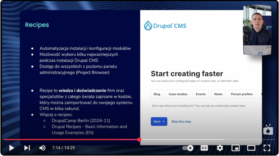 Fragment prezentacji z opisem Drupal Recipes jako praktycznej funkcjonalności w systemie Drupal CMS.