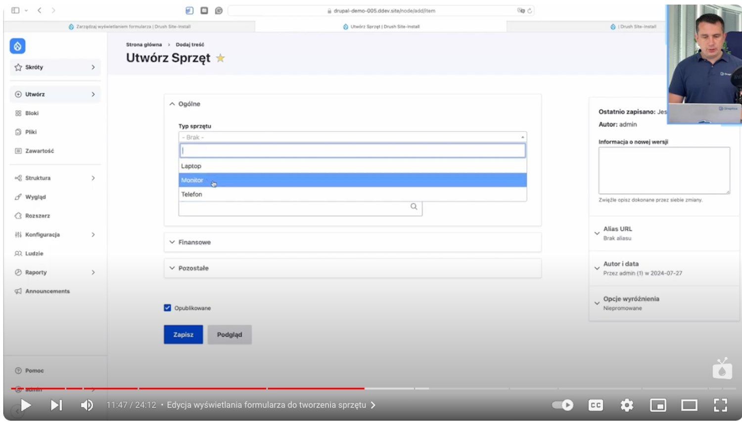 Przykład widoku parametrów w formularzu do tworzenia ewidencji sprzętu w Drupalu.