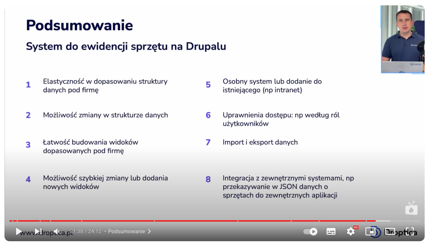 Podsumowanie z najważniejszymi informacjami o budowie systemu do ewidencji sprzętu na Drupalu.