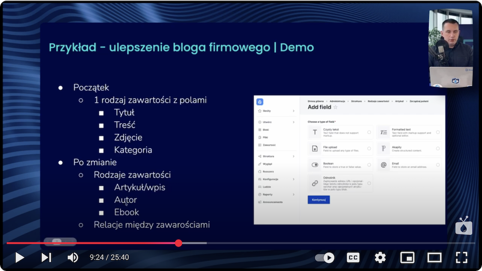 Ekran z prezentacją o ulepszeniu bloga firmowego w Drupalu na potrzeby przykładowej firmy.