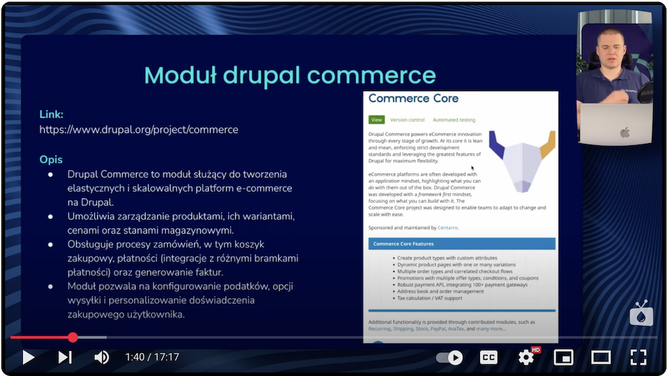 Plansza z opisem modułu Drupal Commerce na potrzeby tworzenia sklepu internetowego z kursami online.