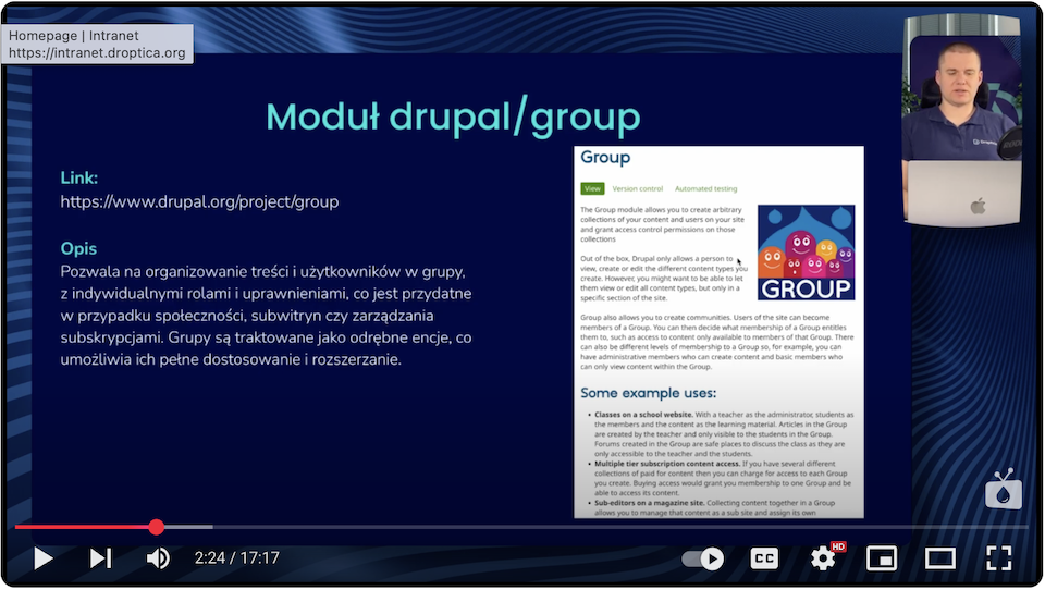 Fragment prezentacji z odcinka Nowoczesnego Drupala o module Group do organizowania użytkowników.