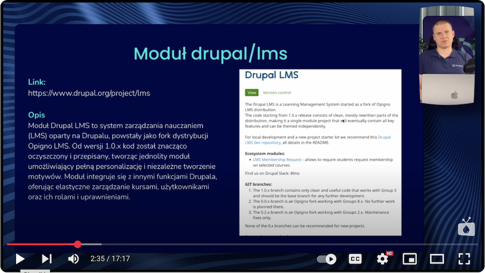 Fragment prezentacji z opisem modułu LMS do Drupala, umożliwiającego zarządzanie nauczaniem w sprzedaży kursów online.