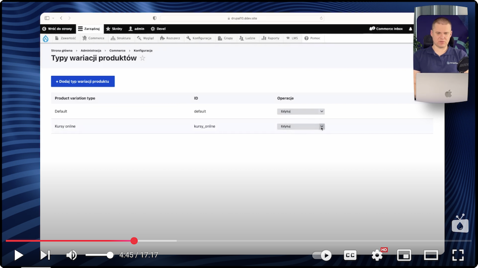 Screen z ustawień Drupala z sekcją “typy wariacji produktów” dla konfiguracji sprzedaży kursów online.