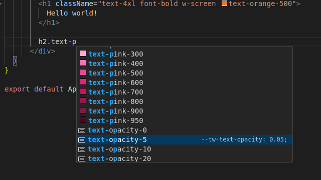 Przykład użycia wtyczki Tailwind CSS IntelliSense w narzędziu Visual Studio Code