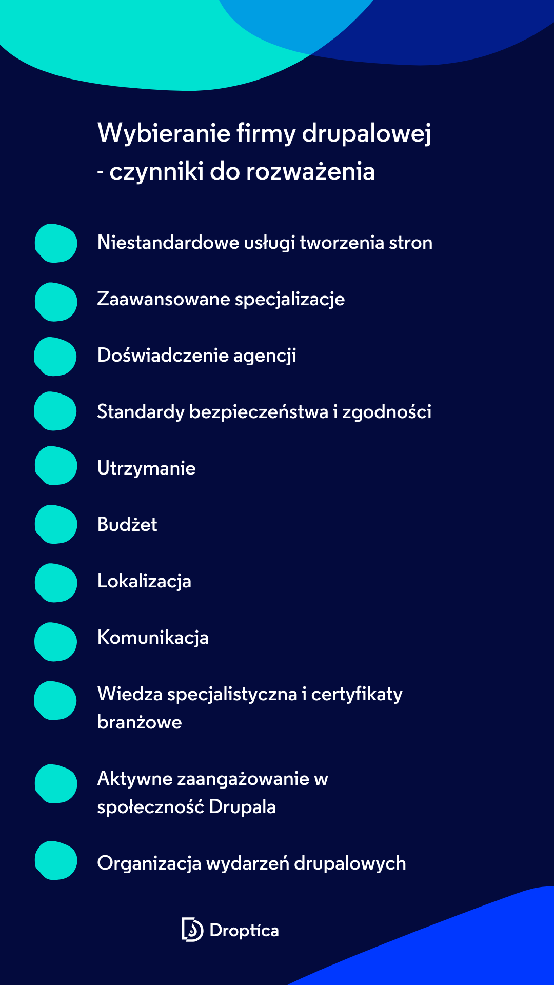 Infografika wymieniająca czynniki, które należy wziąć pod uwagę przy wyborze firmy drupalowej