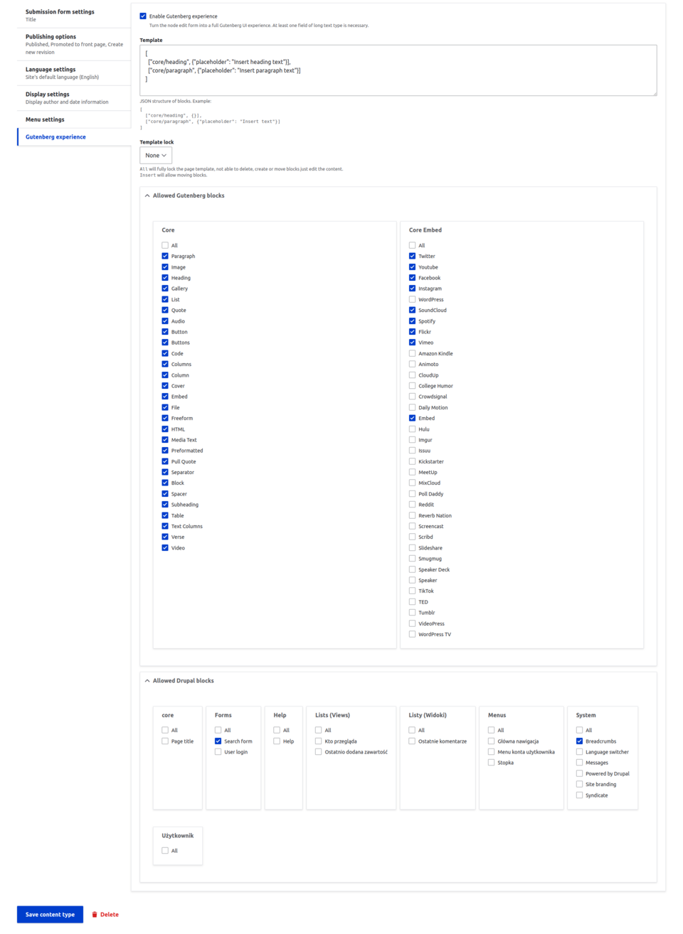 Wybór dozwolonych bloków w zakładce Gutenberg experience