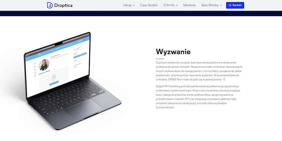 Strona wyświetlana na ekranie laptopa, pokazująca case studies tworzenia stron przez Droptica.