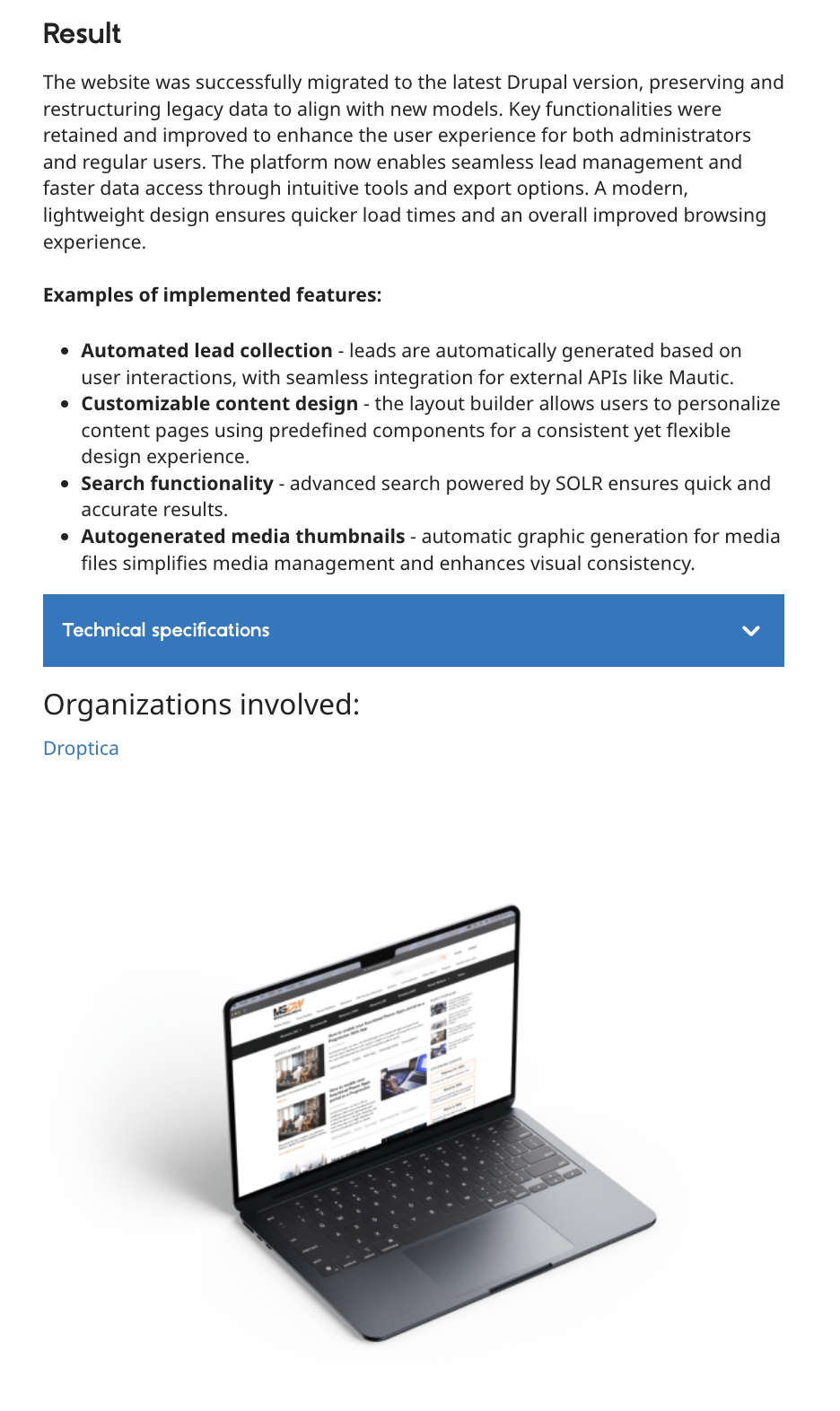 Przykład case studies z migracją strony internetowej opracowany przez Droptica na Drupal.org.