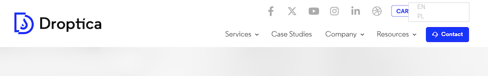 Przełącznik języka na stronie Droptica dla języka polskiego i angielskiego.