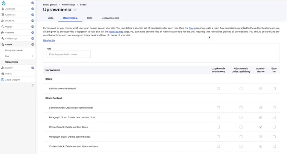 Przykład ustawień ról i uprawnień dla użytkowników CMS-a w Drupalu pozwalający na zachowanie spójności marki.