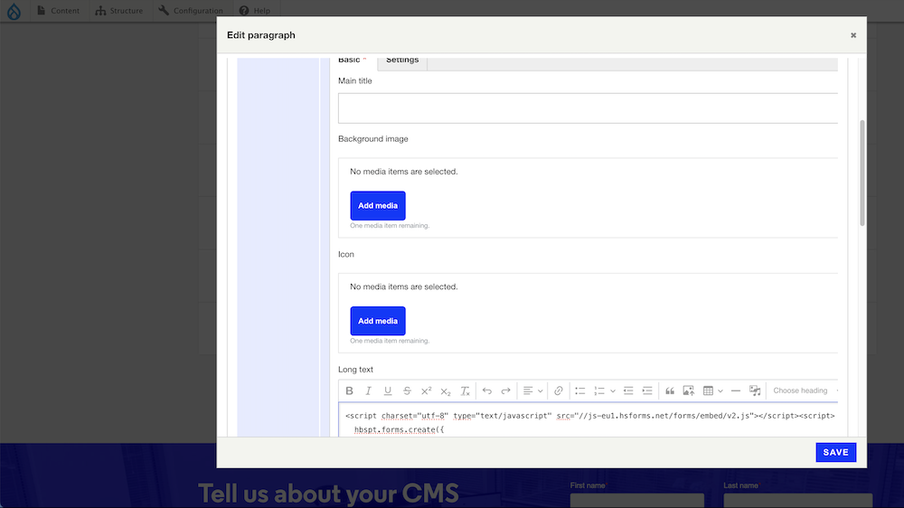 Okno edytora tekstowego w Drupalu prezentujące integrację CMS z platformą marketingową na przykładzie formularza.