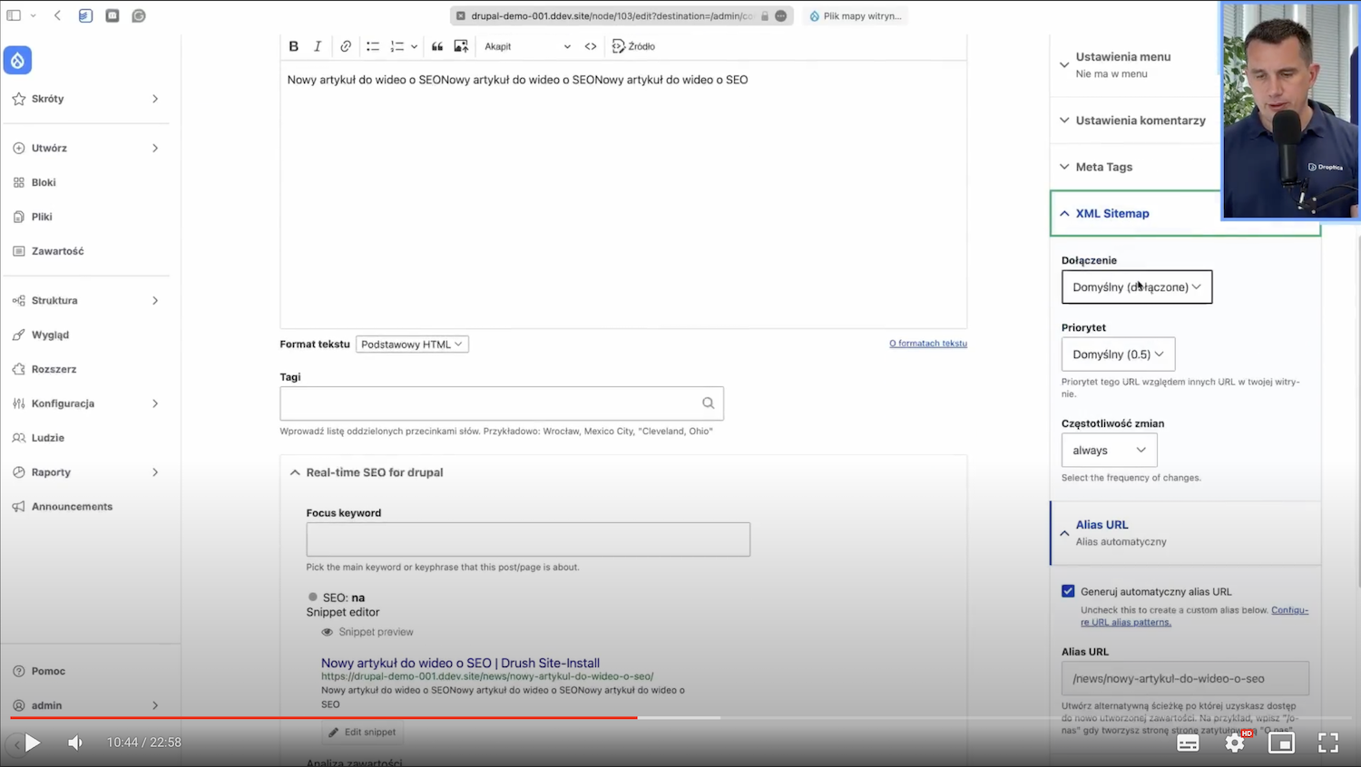 Ustawienia XML Sitemap na stronie edycji treści.