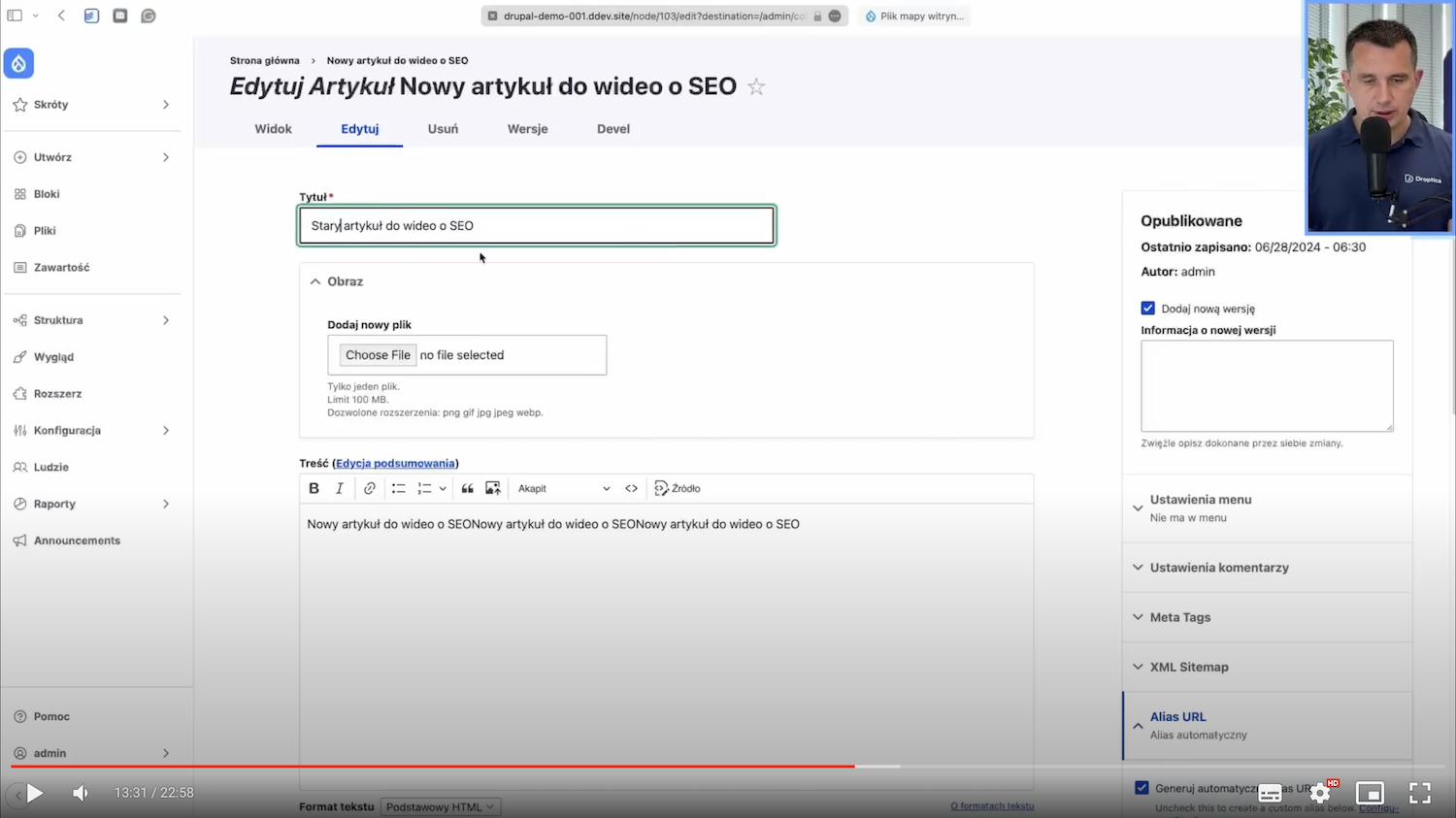 Edycja artykułu do wideo o SEO w Drupalu.