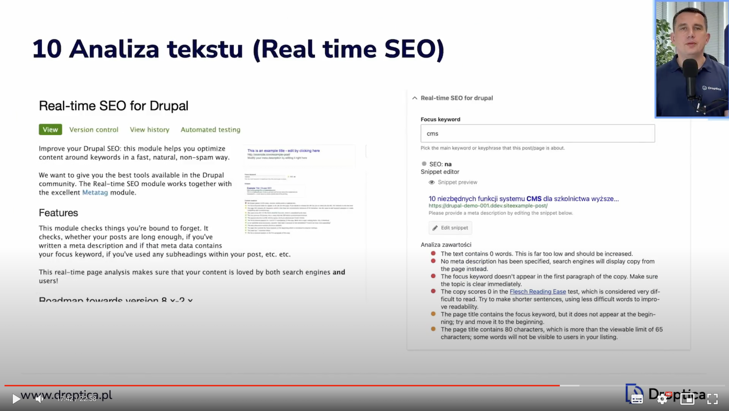 Plansza prezentacji dotycząca modułu Real-time SEO dla Drupala.