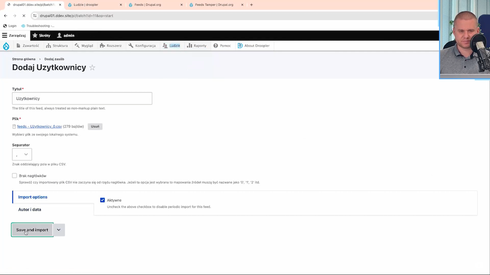 Dodawanie nowego kanału dla użytkowników w Drupalu z użyciem modułu Feeds na potrzeby importu.
