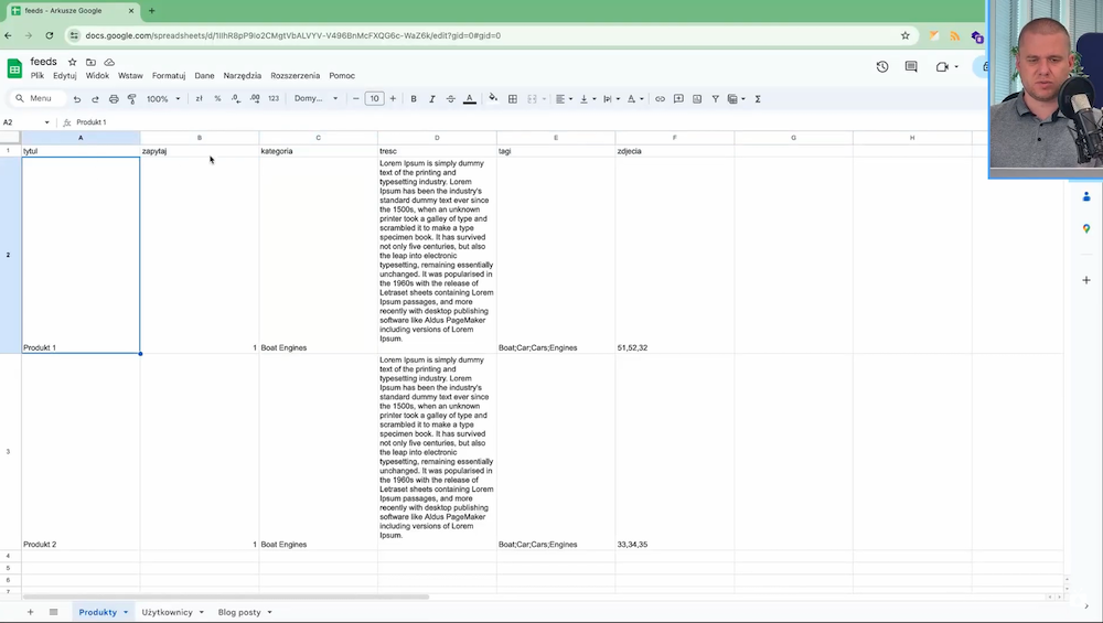 Przykład prostego pliku CSV z przygotowanymi produktami do importu do systemu Drupal. 