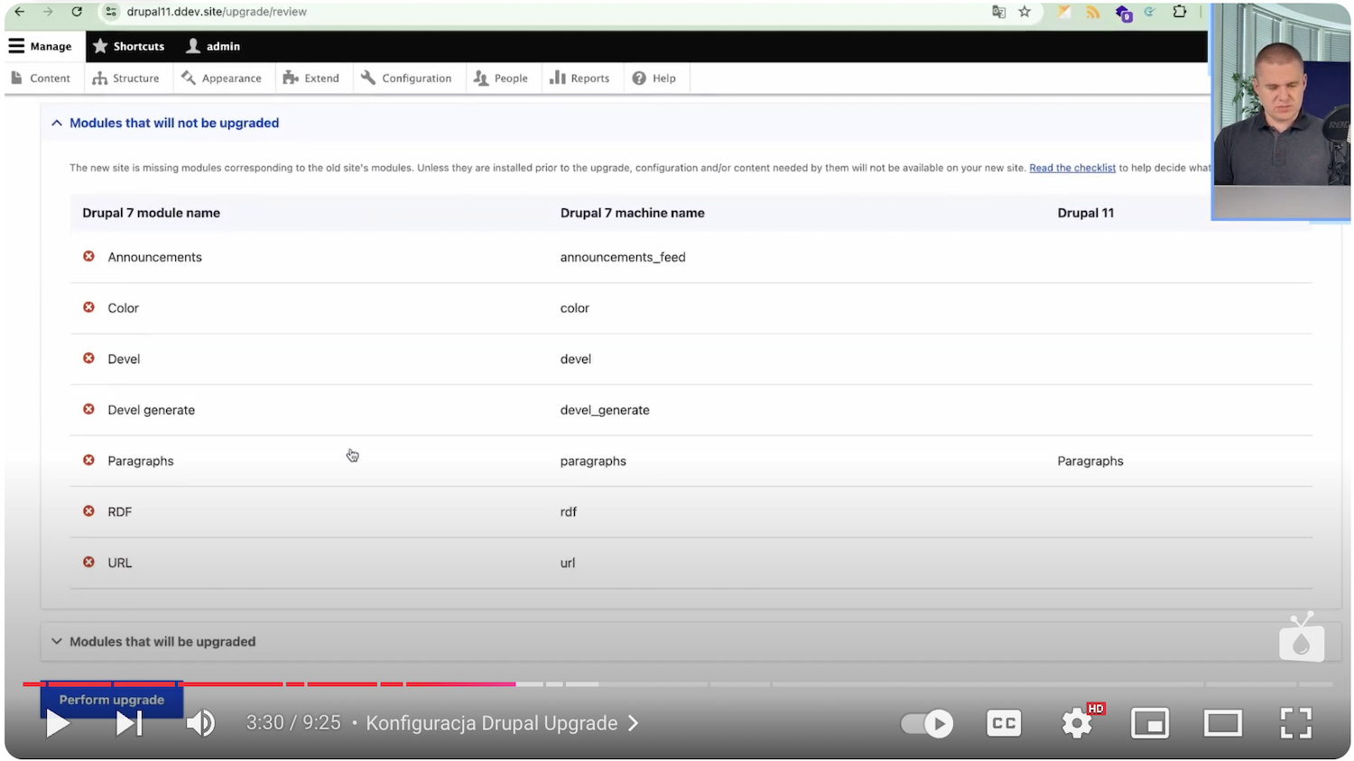 Lista modułów w panelu z informacją o możliwości migracji z Drupala 7 do wersji systemu Drupal 11.