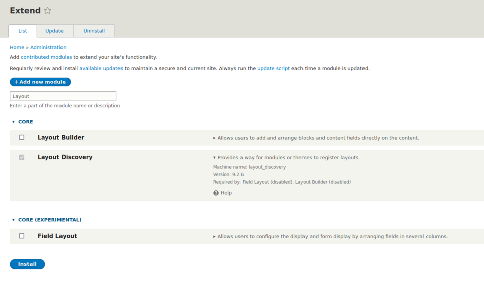 Instalując Drupal Core, automatycznie zyskujemy moduł Layout Builder