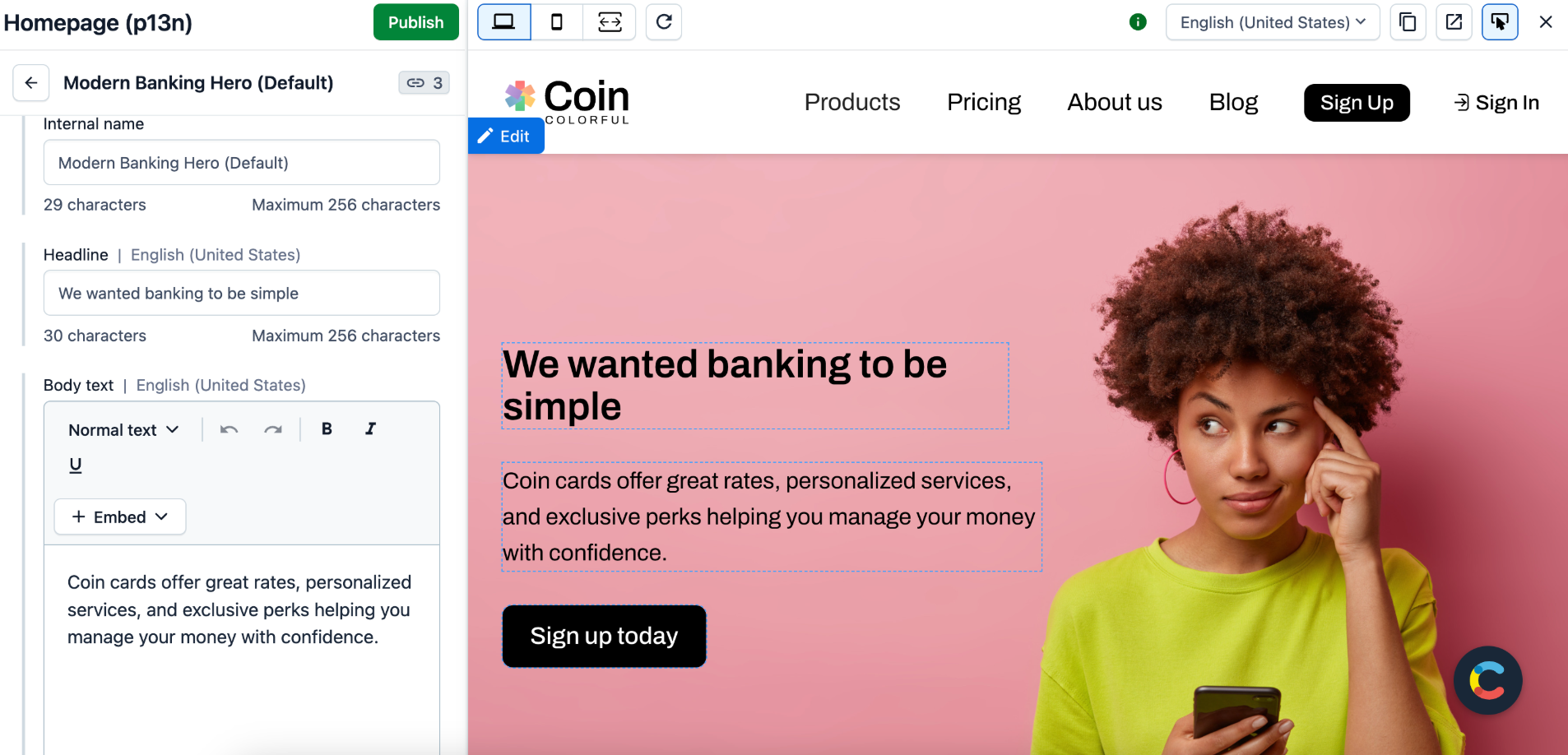 Widok możliwości edycji treści w systemie Contentful CMS