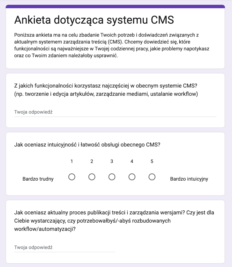 Przykład ankiety dotyczącej funkcjonalności CMS, którą można przeprowadzić wśród pracowników.