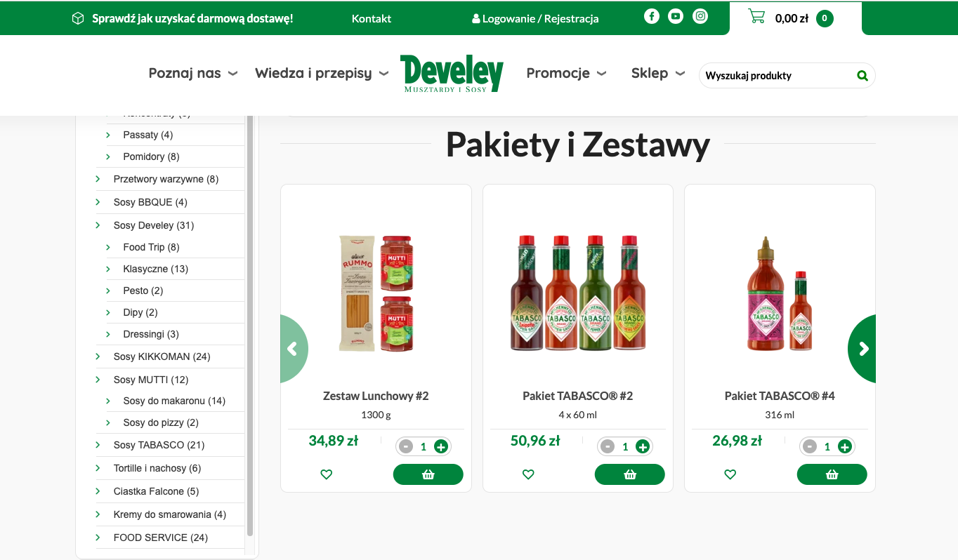 Pakiety produktów w sklepie internetowym Develey są przykładami funkcji marketingowych Drupal Commerce